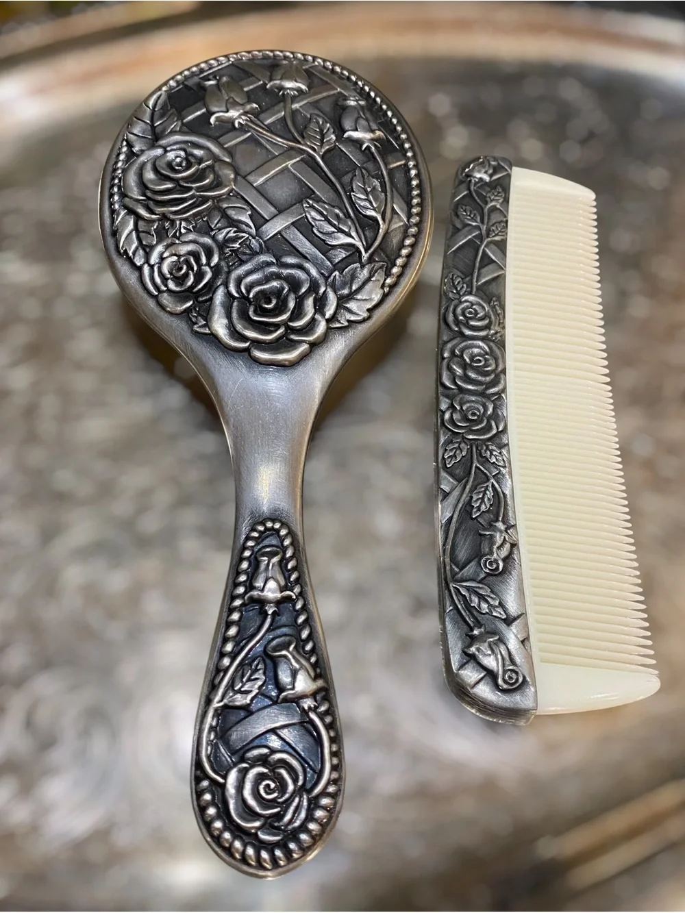 Vintage Silver Floral Vanity Set with Brush and Comb